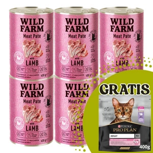 WILD FARM Paštetas su ėriena 6x400g - ėdalas katėms be glitimo + PURINA  400 g NEMOKAMAI