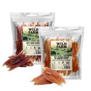 WILD FARM Vištienos krūtinėlės filė ant pagaliuko 500g + Minkšti anties juostelės 500g skanėstas šunims