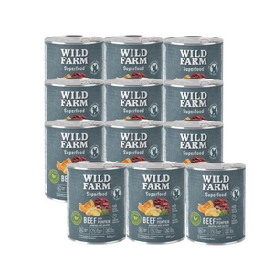 WILD FARM Superfood Beef (jautiena su moliūgais, bulvėmis ir petražolėmis) 12x800 g pašaro šunims be grūdų
