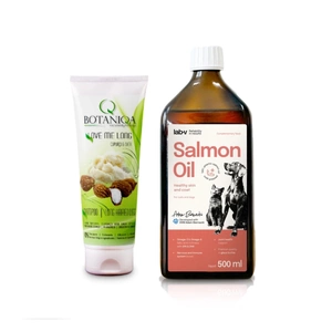 BOTANIQA LOVE ME LONG Cupuaçu ir taukmedžio šampūnas 250ml + Lab-V 100% lašišų aliejus įvairaus amžiaus šunims ir katėms 500ml šalto spaudimo