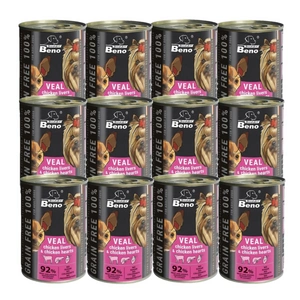 Super Beno GRAIN-FREE šunų skanėstai su veršiena, vištienos kepenėlėmis ir vištienos širdelėmis padaže, 12x415 g