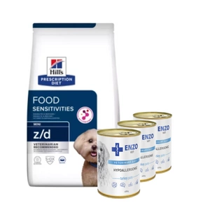 HILL'S PD Prescription Diet Canine z/d Food Sensitivities Mini 1kg + ENZO VET Hipoalerginė dieta su kalakutiena šunims 3x400g