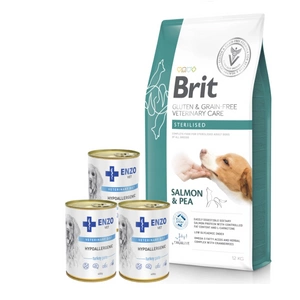 BRIT GF Veterinary Diets Dog Sterilised 12kg + ENZO VET Hipoalerginė dieta su kalakutiena šunims 3x400g