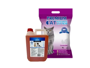 Premium Cat Clumping Bentonite Litter - levandų kraikas katėms 5L + LAB V Lašišų aliejus šunims ir katėms 5000ml