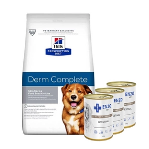 HILL'S PD Prescription Diet Canine Derm Complete 12kg + ENZO VET Žarnyno dieta šunims su ėriena 3x400g