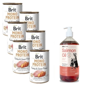BRIT MONO PROTEIN TURKIJAUS ir saldžiųjų bulvių 6x400g + LAB V Lašišų aliejus šunims ir katėms 1000ml