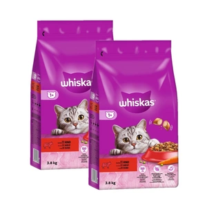 WHISKAS Adult 2x3,8 kg - sausas visavertis pašaras suaugusioms katėms su gardžia jautiena