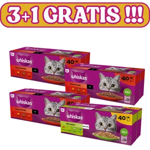 WHISKAS Adult paketėliai Fishy Treats - drėgnas maistas suaugusioms katėms drebučiuose (su lašiša, tunu, vištiena, jautiena) 120x85g + 40x85g NEMOKAMAI