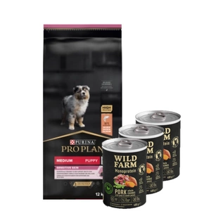 Purina Pro Plan Medium Puppy Sensitive Optiderma, lašiša ir ryžiai 12kg + Wild Farm Monoprotein Pork 3x400g hipoalerginis maistas šunims