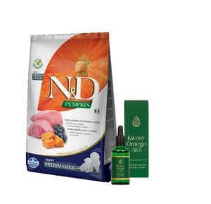 Farmina N&D Pumpkin Grain Free canine LAMB & BLUEBERRY PUPPY MEDIUM & MAXI 12kg + LAB-V Omega 3 ir 6 riebalų rūgštys bendrai šunų ir kačių sveikatos, kailio ir odos būklei gerinti 100ml