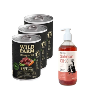 Wild Farm Monoprotein Beef 3x400g hipoalerginis maistas šunims + LAB V Lašišų aliejus šunims ir katėms 500ml