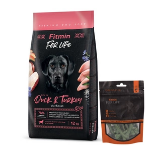 FITMIN dog For Life Duck & Turkey 12 kg + FITMIN Dantų skanėstas šunims su jūros dumbliais 70g