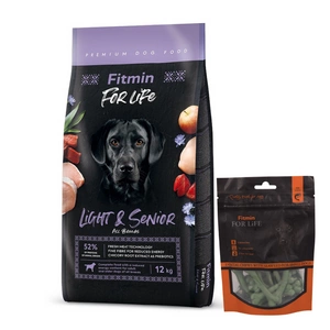 FITMIN For Life Light & Senior 12kg + FITMIN Dantų skanėstas šunims su jūros dumbliais 70g