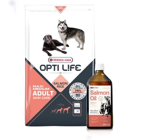 VERSELE-LAGA Opti Life Adult Skin Care Medium&Maxi 12,5kg + Lab-V 100% lašišų aliejus įvairaus amžiaus šunims ir katėms 500ml šalto spaudimo