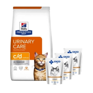 HILL'S PD Prescription Diet Feline c/d Multicare Chicken 3kg + ENZO VET šlapalas su vištiena padaže katėms 3x100g