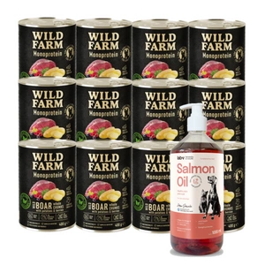 Wild Farm Monoprotein Wild Boar 12x400g hipoalerginis šunų ėdalas + LAB V Lašišų aliejus šunims ir katėms 1000ml