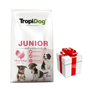 TROPIDOG Premium Junior mažų ir vidutinių veislių šunys su lašiša ir ryžiais 8kg + Staigmena Šunui