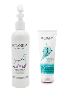 BOTANIQA Soothing & Shiny Coat Shampoo blizgesio suteikiantis šampūnas 250ml + BOTANIQA Magic Touch Grooming Spray 250 ml