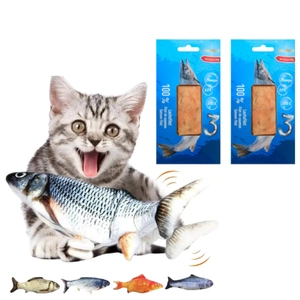 NUXIE® žaislas katėms pliušinė žuvelė su katinėliu 28cm + 2x Love4Pet Lašišos filė 30g lašišos filė