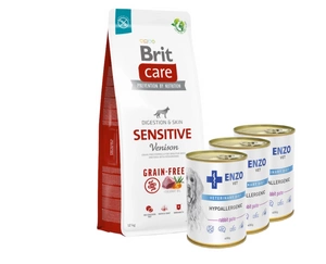 BRIT CARE Grain-free Sensitive Venison 12kg + 3x ENZO VET Hipoalerginė dieta su triušiena šunims 400g