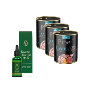 DOLINA NOTECI Piper šunims ėriena su morkomis 3x800g + LAB-V Omega 3 ir 6 riebalų rūgštys bendrai šunų ir kačių sveikatos, kailio ir odos būklei gerinti 100ml