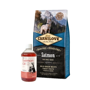 Carnilove lašiša suaugusiems 12kg + 2kg + LAB V Lašišų aliejus šunims ir katėms 500ml