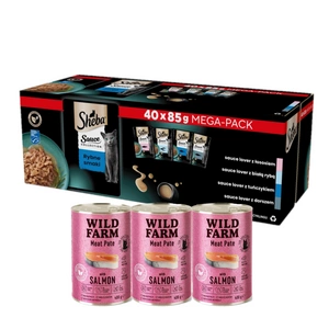 SHEBA Sauce Collection Fish Flavours Sachets 40x85 g - visavertis drėgnas maistas suaugusioms katėms, su padažu + WILD FARM Paštetas su lašiša 3x400g