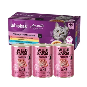WHISKAS Adult Aromatic Mix 40x85 g - drėgnas kačių maistas + WILD FARM Paštetas su ėriena 3x400g - ėdalas katėms be glitimo