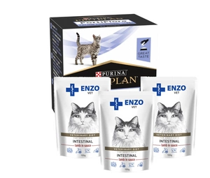 PURINA PVD FortiFlora Cat 30 paketėlių + 3x ENZO VET Žarnynas su ėriena padaže katėms 100g