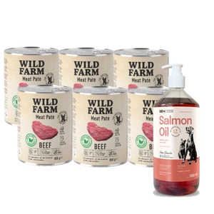WILD FARM Pate Beef 6x800g ėdalas šunims be glitimo + LAB V Lašišų aliejus šunims ir katėms 1000ml