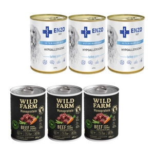 Wild Farm Monoprotein Beef 3x400g hipoalerginis maistas šunims + ENZO VET Hipoalerginė dieta su kalakutiena šunims 3x400g