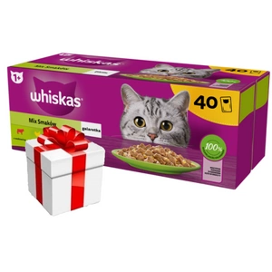 WHISKAS Adult paketėliai 40 x 85 g Fishy Treats - drėgnas maistas suaugusioms katėms drebučiuose (su lašiša, tunu, vištiena, jautiena) + Staigmena katei