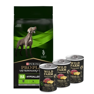 PURINA Veterinary PVD HA Hypoallergenic Dog 11kg + Wild Farm Monoprotein Wild Boar 3x400g hipoalerginis šunų ėdalas