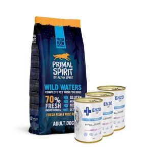 PRIMAL SPIRIT 70% Wild Waters 12kg + ENZO VET Hipoalerginė dieta su triušiena šunims 3x400g