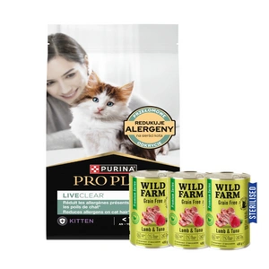 PRO PLAN LiveClear kačiukų maistas, turtingas kalakutiena 1,4 kg + WILD FARM Premium Grain Free Lamb and Tuna 3x400g - sterilizuotų kačių
