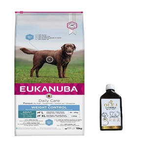 EUKANUBA Adult Large Breed Weight Control Chicken 15kg + LAB V Vitaminų praturtintas lašišų aliejus 250ml