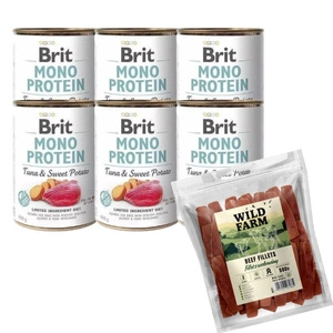 BRIT MONO PROTEIN TUNA & SWEET POTATO 6x400g + WILD FARM jautienos filė 500g skanėstai šunims