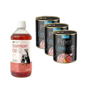 DOLINA NOTECI Piper šunims ėriena su morkomis 3x800g + LAB V Lašišų aliejus šunims ir katėms 500ml