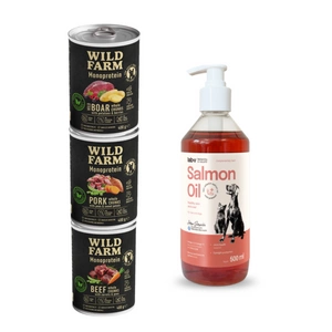 Wild Farm Monoprotein skonių mišinys 3x400g hipoalerginis šunų ėdalas + LAB V Lašišų aliejus šunims ir katėms 500ml