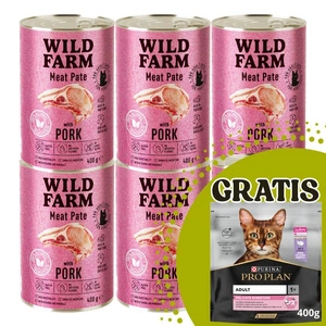 WILD FARM Paštetas su kiauliena 6x400g - maistas katėms be glitimo + PURINA 400 g NEMOKAMAI