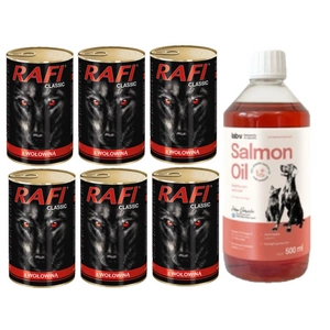 Rafi Classic jautiena padaže 6x1240g + LAB V Lašišų aliejus šunims ir katėms 500ml