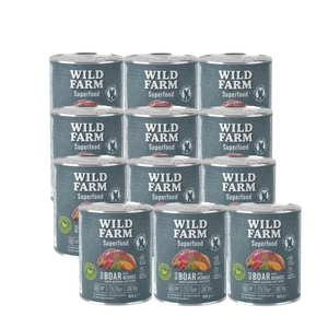 WILD FARM Superfood Wild Boar (elniena su batatais, uogomis ir žolelėmis) 12x800 g pašaro šunims be grūdų