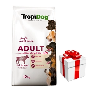 TROPIDOG Premium Adult medium & large breed jautiena su ryžiais 12kg + Staigmena Šunui