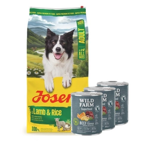 JOSERA Adult Lamb & Rice 12,5kg + WILD FARM Superfood Beef (jautiena su moliūgais, bulvėmis ir petražolėmis) 3x800 g pašaro šunims be grūdų