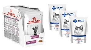 ROYAL CANIN Renal with Fish 12x85g paketėlis + ENZO VET Renal su jautiena želė katėms 3x100g