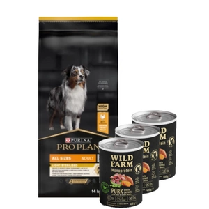 Purina Pro Plan Adult Light Optiweight Sterilizuota, vištiena su ryžiais 14kg + Wild Farm Monoprotein Pork 3x400g hipoalerginis maistas šunims