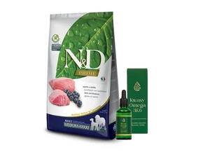 FARMINA N&D Prime canine LAMB & BLUEBERRY ADULT MEDIUM&MAXI DRY FOOD 12kg + LAB-V Omega 3 ir 6 riebalų rūgštys bendrai šunų ir kačių sveikatos, kailio ir odos būklei gerinti 100ml