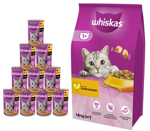 WHISKAS Adult 14kg - sausas kačių maistas su vištiena ir daržovėmis + WHISKAS Adult konservų dėžutė 10x400g