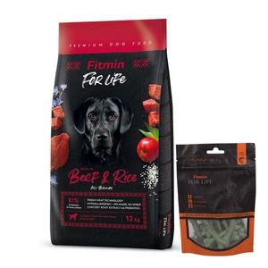 FITMIN For Life Jautiena su ryžiais 12kg + FITMIN Dantų skanėstas šunims su jūros dumbliais 70g
