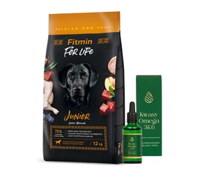 FITMIN For Life Junior Large Breeds 12kg + LAB-V Omega 3 ir 6 riebalų rūgštys bendrai šunų ir kačių sveikatos, kailio ir odos būklei gerinti 100ml
